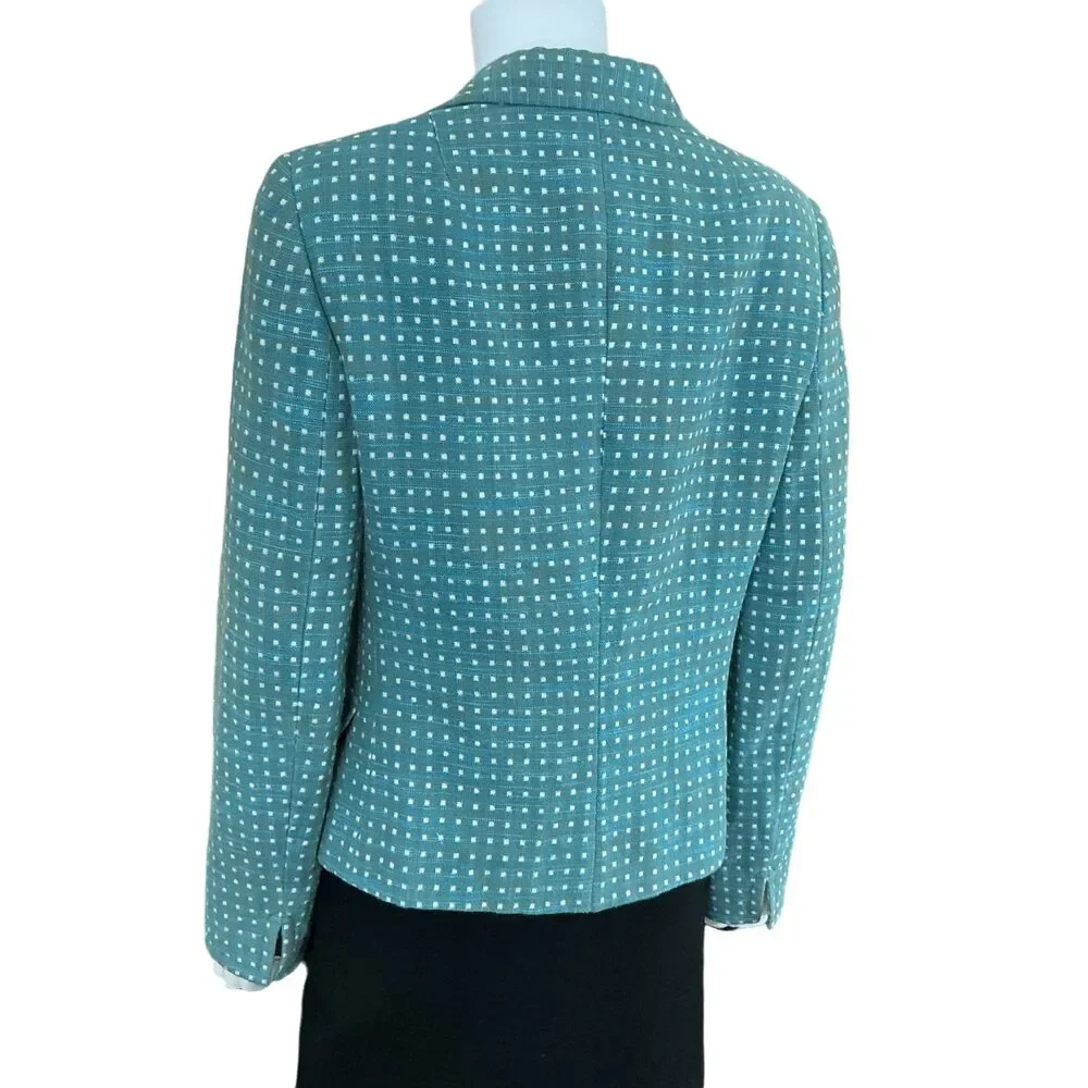 AKRIS Punto Womens Linen Cotton Blazer Size 12 Turquoise White Check Print
